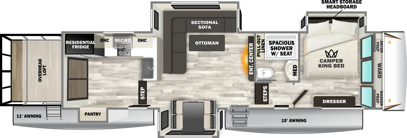 The Sabre 36ML floorplan has one entry and four slide outs. Exterior features include: fiberglass exterior and 11' & 15' awning. Interiors features include: loft, rear kitchen and front bedroom.